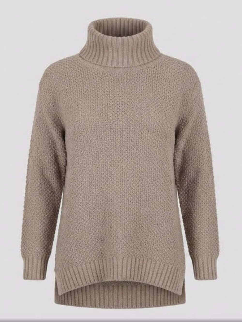 Chunky Knit Neutral Cowl Neck Sweater, Size M, Taupe Mocha